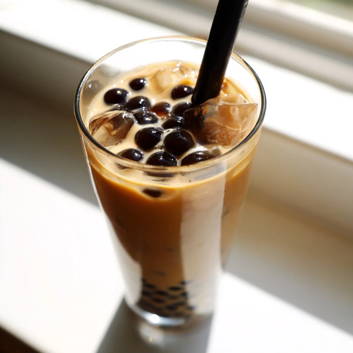 A tall glass of Boba Tea Hack – Instant Bubble Tea with Sweetened Condensed Milk, creamy and iced with chewy pearls and a wide straw ready to sip.