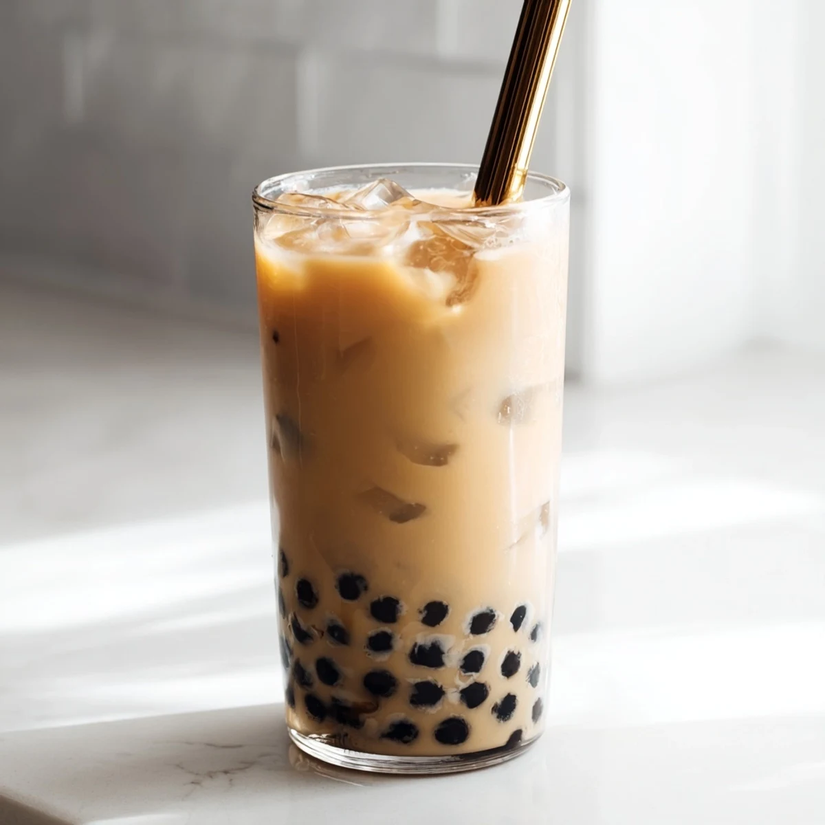 Serving suggestion for Boba Tea Hack – Instant Bubble Tea with Sweetened Condensed Milk: two frosty glasses stacked with boba pearls, dripping with sweetened condensed milk creaminess.