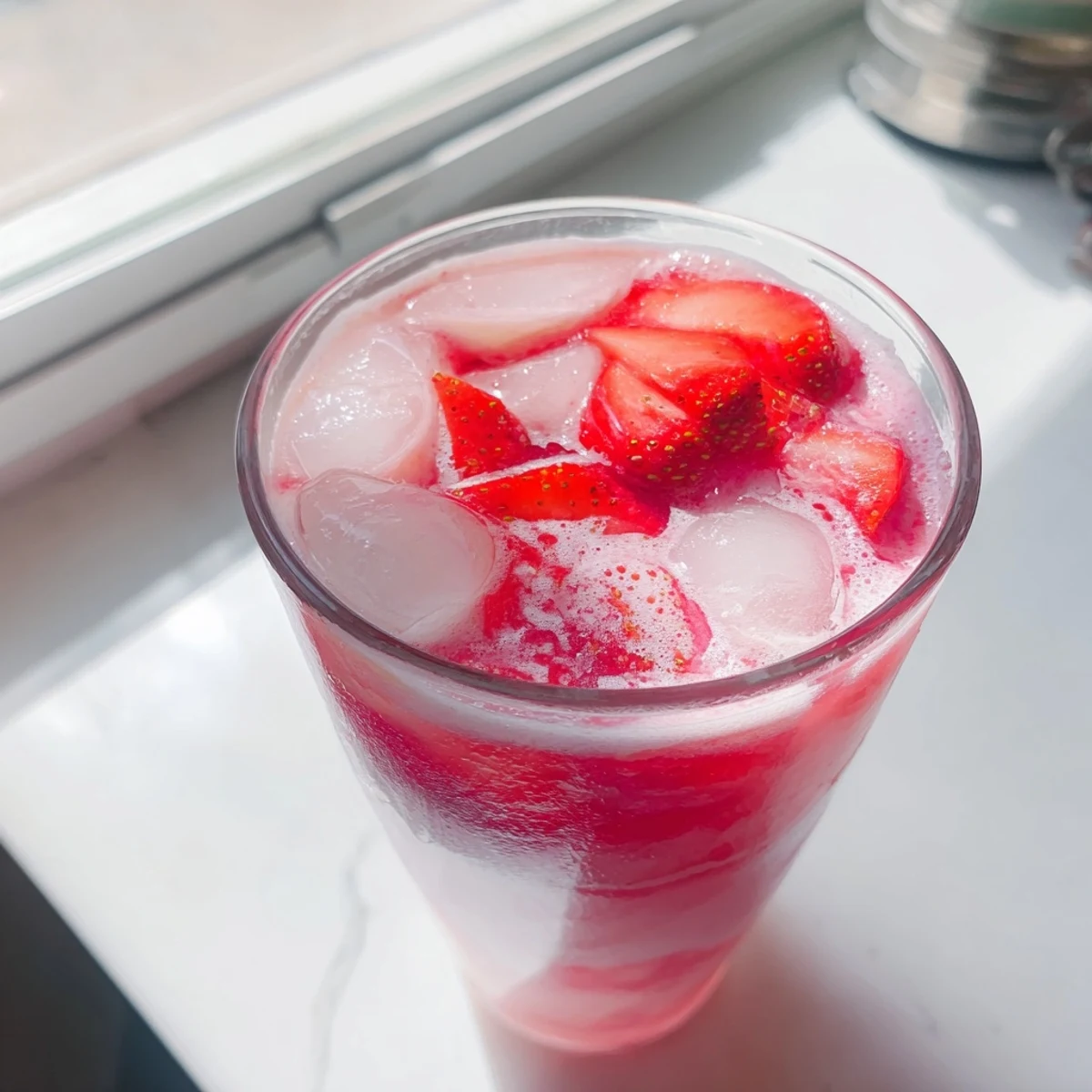 A refreshing Refresher Copycat Pink Drink with vibrant strawberry syrup and creamy coconut milk over ice, topped with fresh sliced strawberries.