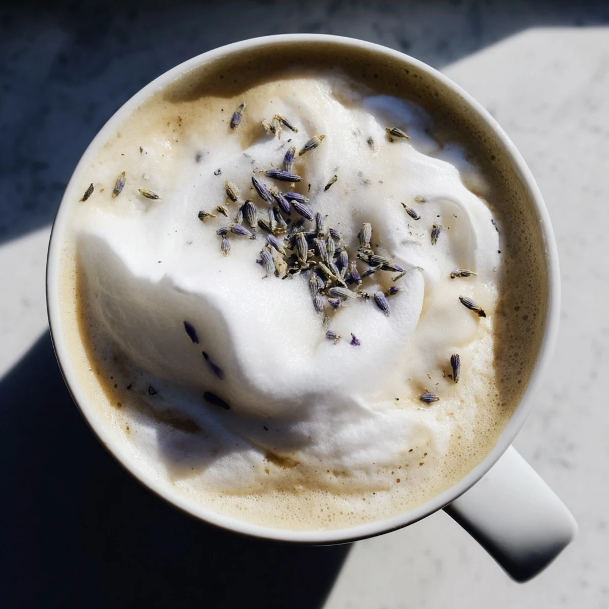 A close-up of a Whipped Lavender Latte in a clear glass mug, showing rich espresso with a delicate lavender-infused foam topped with dried lavender buds.  