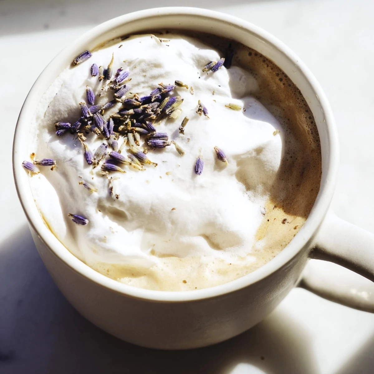 A detailed shot of a Whipped Lavender Latte, highlighting the cloud-like texture of the lavender foam against dark, aromatic coffee.