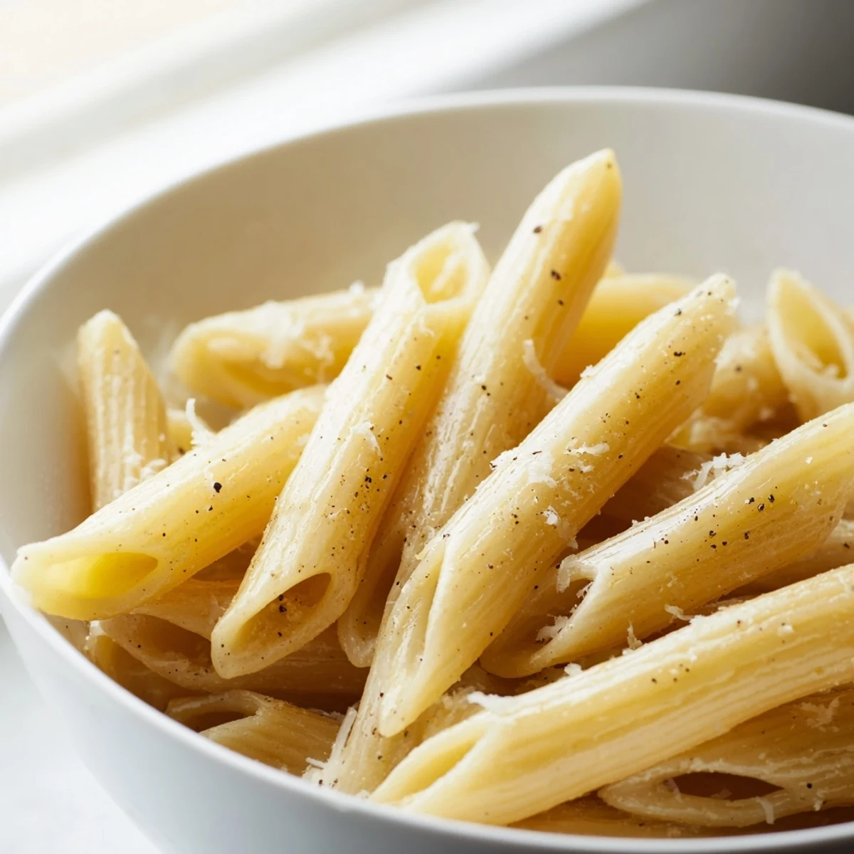 Perfectly cooked microwave bowl pasta with marinara sauce, Parmesan, and fresh basil garnish ready to enjoy.