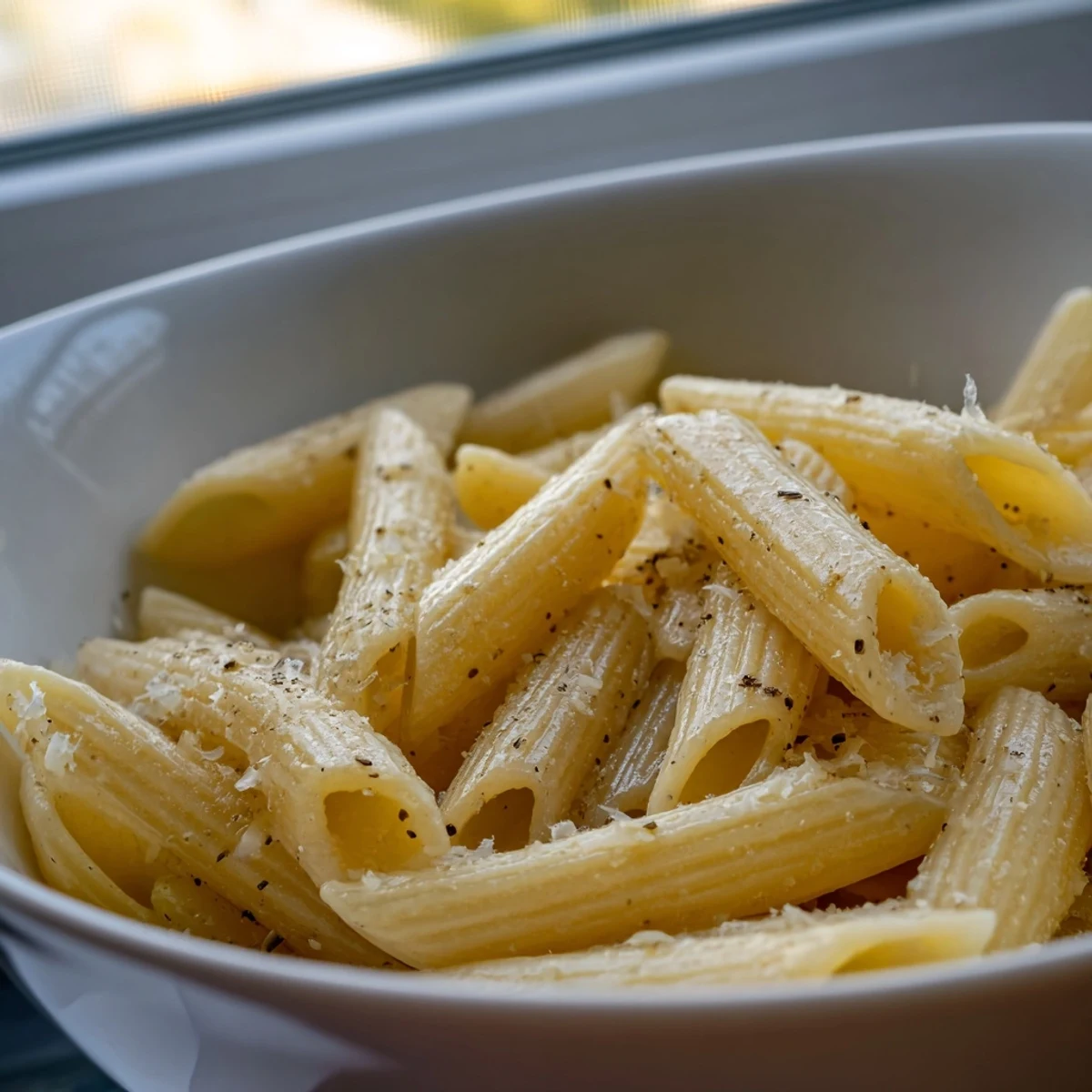 Easy microwave bowl pasta topped with marinara and grated Parmesan, served in a white ceramic bowl with a fork.