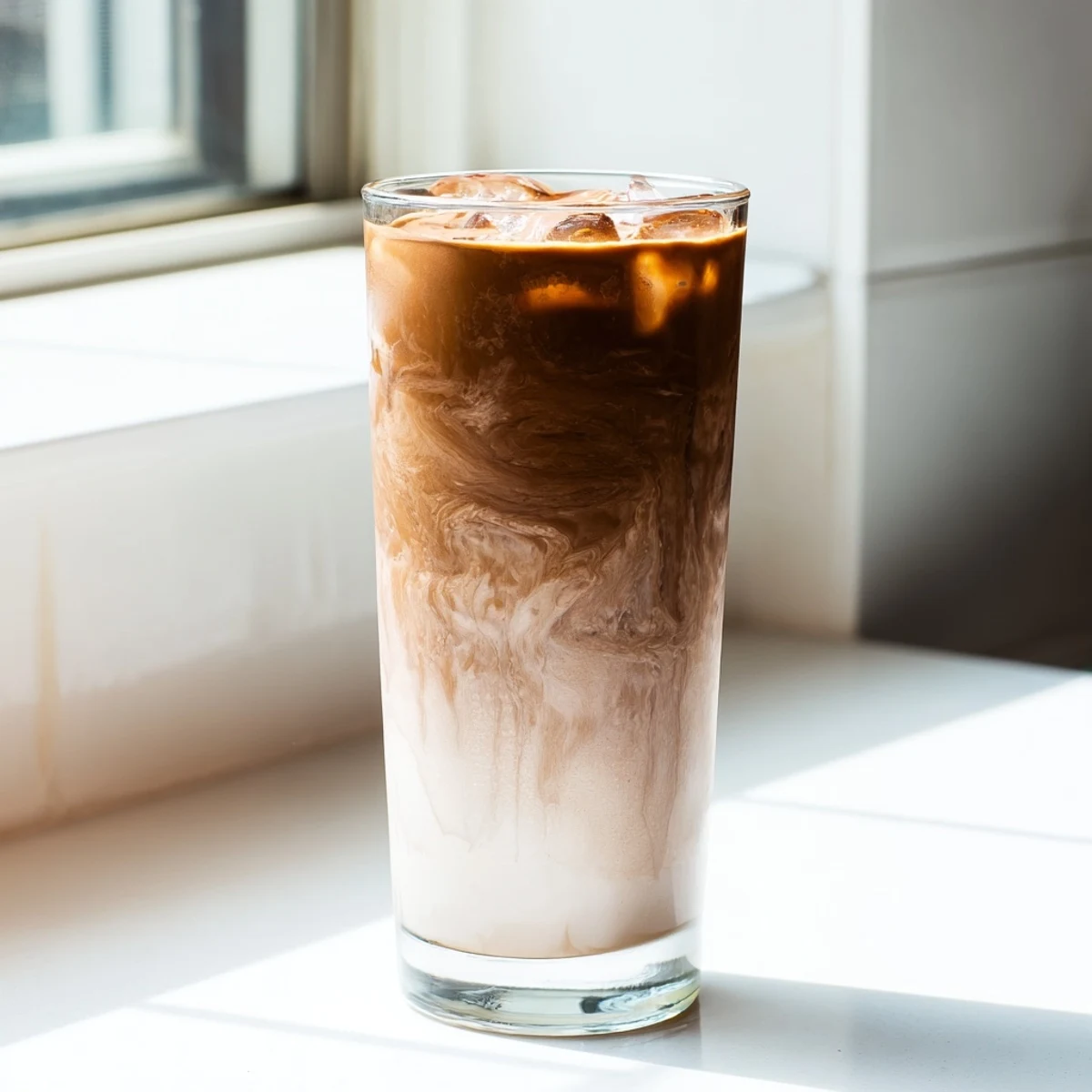 Chilled glass filled with ice cubes, layered with a rich chocolatey Milo mixture and creamy milk for a refreshing iced latte.  