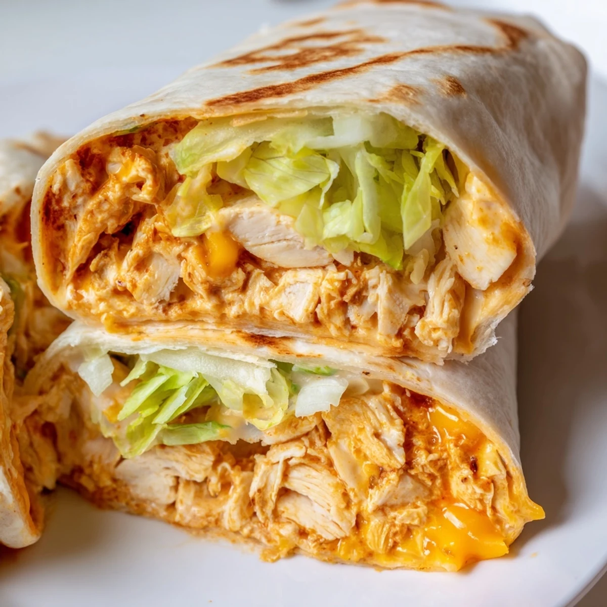 Two freshly prepared Buffalo Ranch Chicken Wraps, sliced in half to show the tender buffalo chicken, crisp romaine lettuce, and melted cheddar cheese inside the golden-brown flour tortilla.