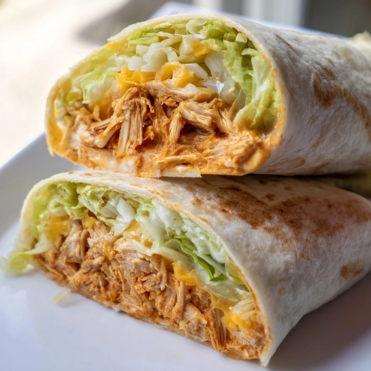 This easy Buffalo Ranch Chicken Wrap features juicy buffalo chicken, shredded cheddar, and fresh lettuce, all tightly wrapped in a warm tortilla for an American-style lunch.