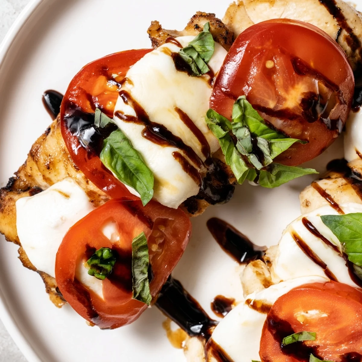 A close-up of Caprese Chicken Skillet, featuring juicy tomato slices, fresh basil leaves, and bubbly, golden mozzarella.