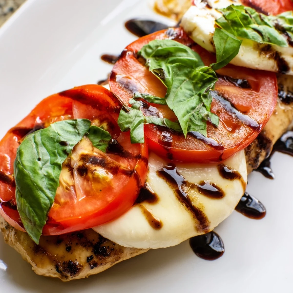 A finished Caprese Chicken Skillet served on a plate with a side salad, showcasing the vibrant colors and appetizing glaze.