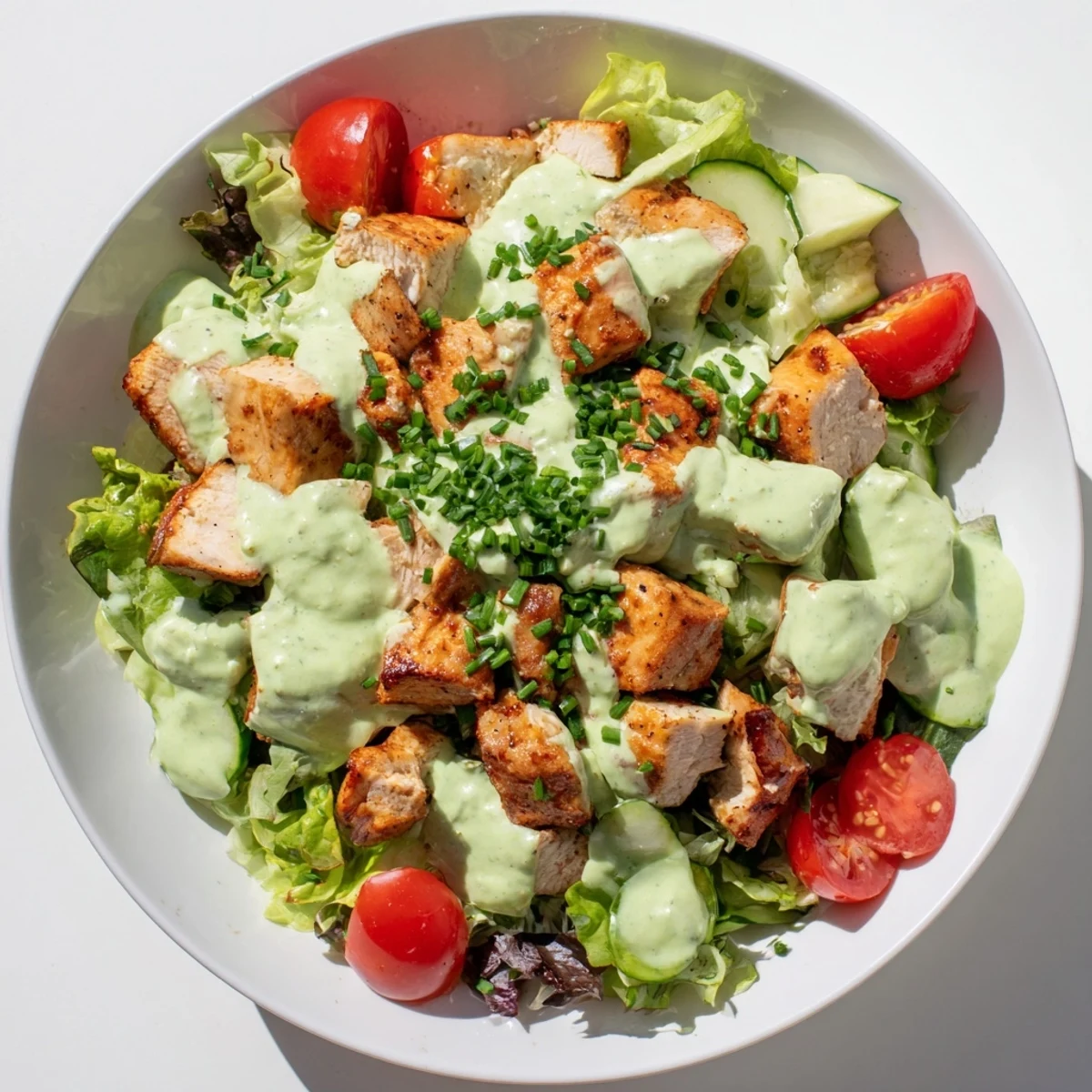 Fresh avocado ranch chicken salad with tender grilled chicken, crisp romaine, cucumbers, and bright cherry tomatoes.