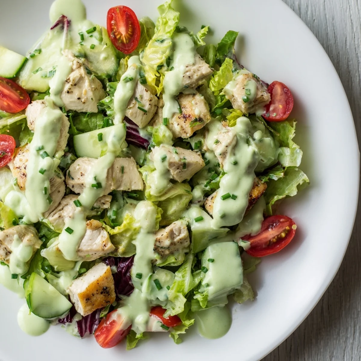 Plated avocado ranch chicken salad with greens and tomatoes, served on a white plate for lunch.