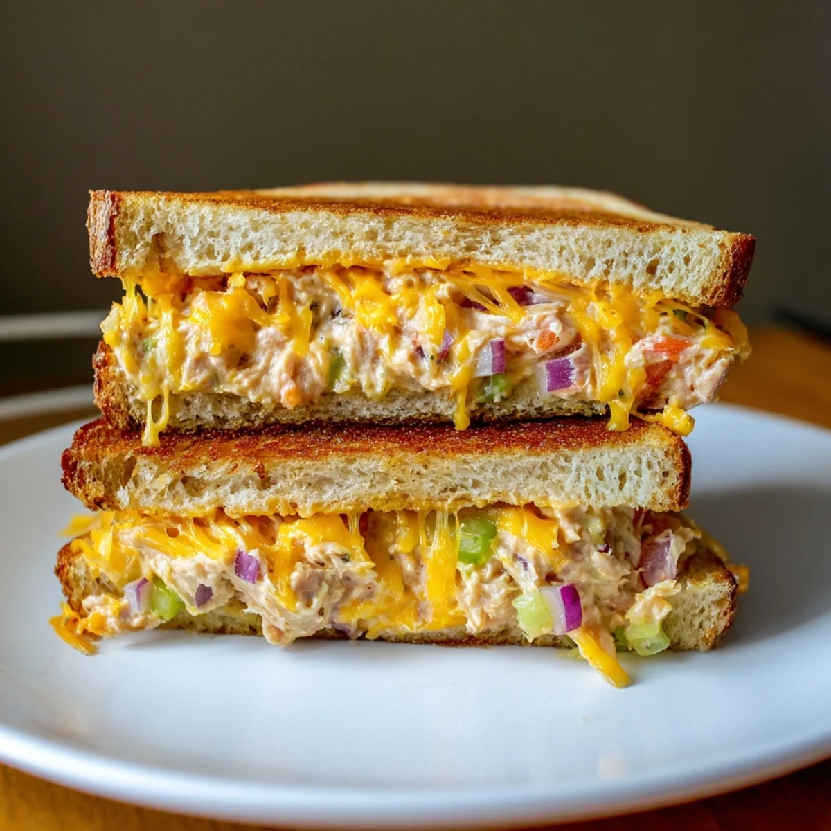 Golden toasted sourdough bread holds a zesty spicy tuna melt with melted cheddar cheese and fresh tomato slices.