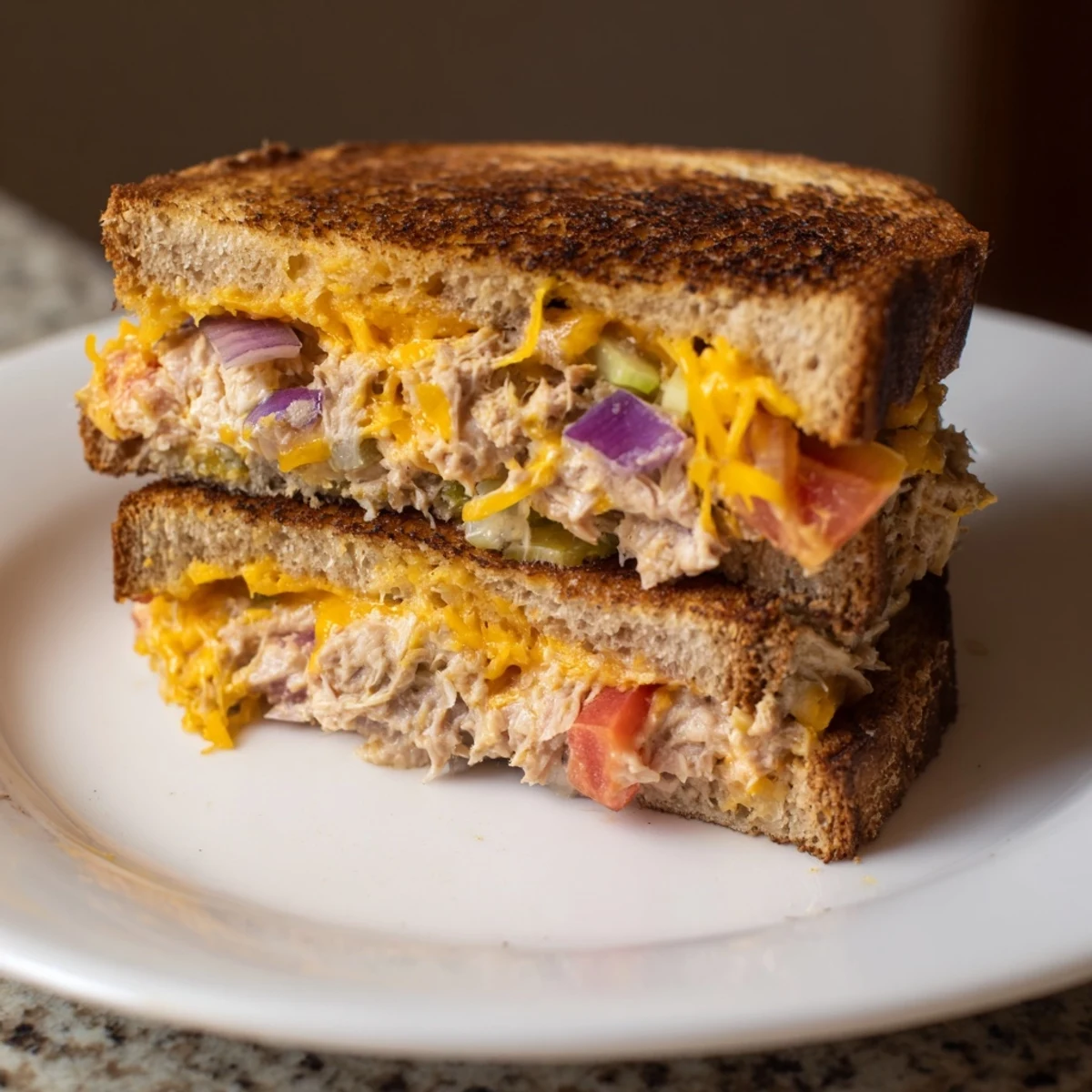 Gooey melted pepper jack cheese drips from a grilled spicy tuna melt on buttery sourdough, served with crisp pickles on the side.