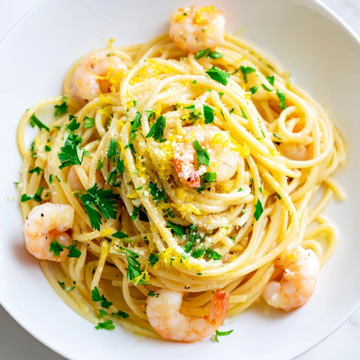 A serving of Lemon Garlic Shrimp Pasta features juicy pink shrimp tossed with al dente spaghetti in a glossy, pale yellow butter sauce flecked with fresh green parsley.  
