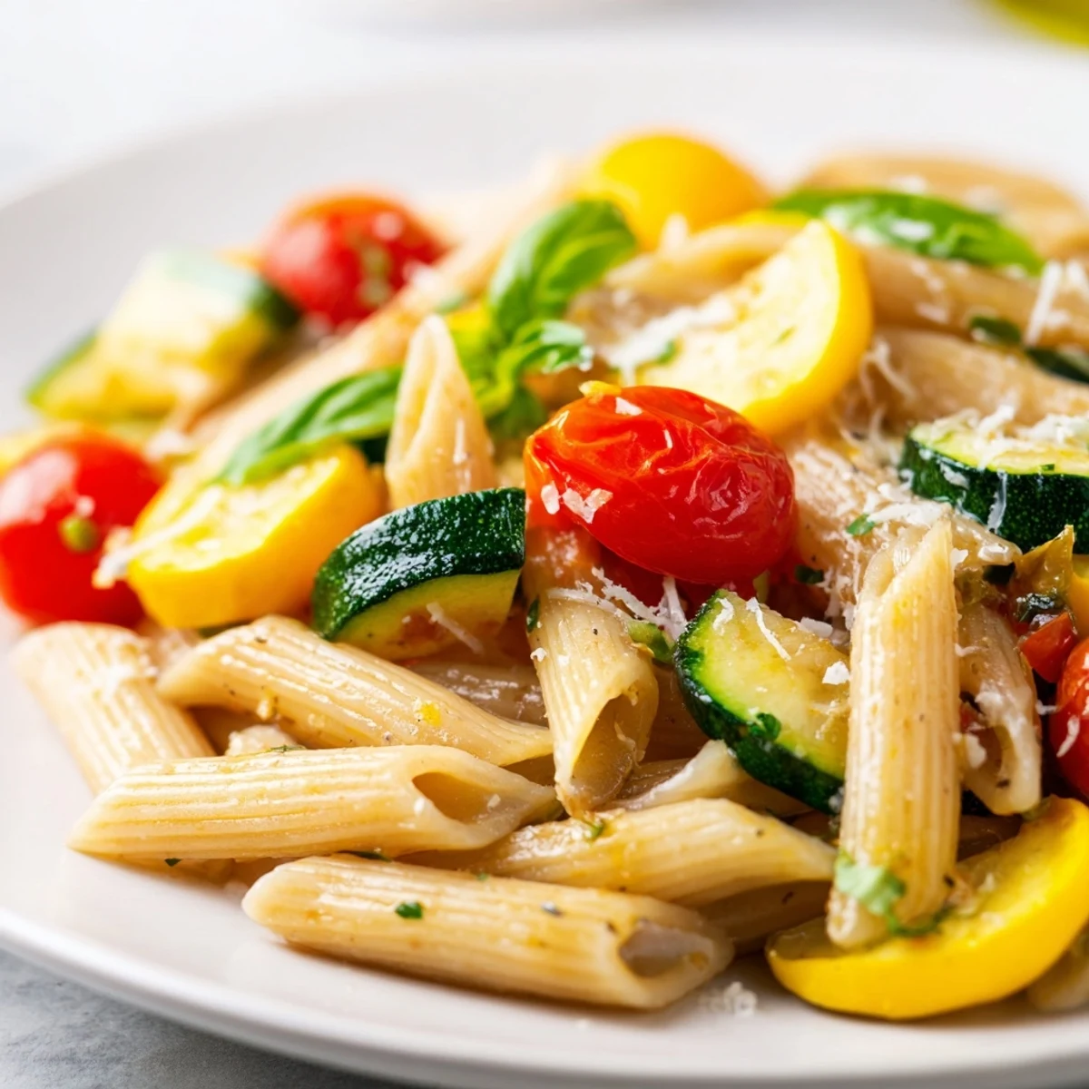 Fresh Garden Veggie Pasta with tender zucchini, yellow squash, and blistered cherry tomatoes in a garlicky olive oil sauce.