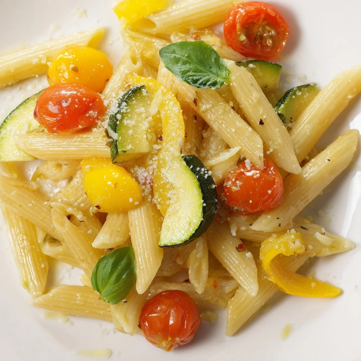 A close-up of Garden Veggie Pasta garnished with fresh basil and Parmesan, ready to serve as a light vegetarian dinner.