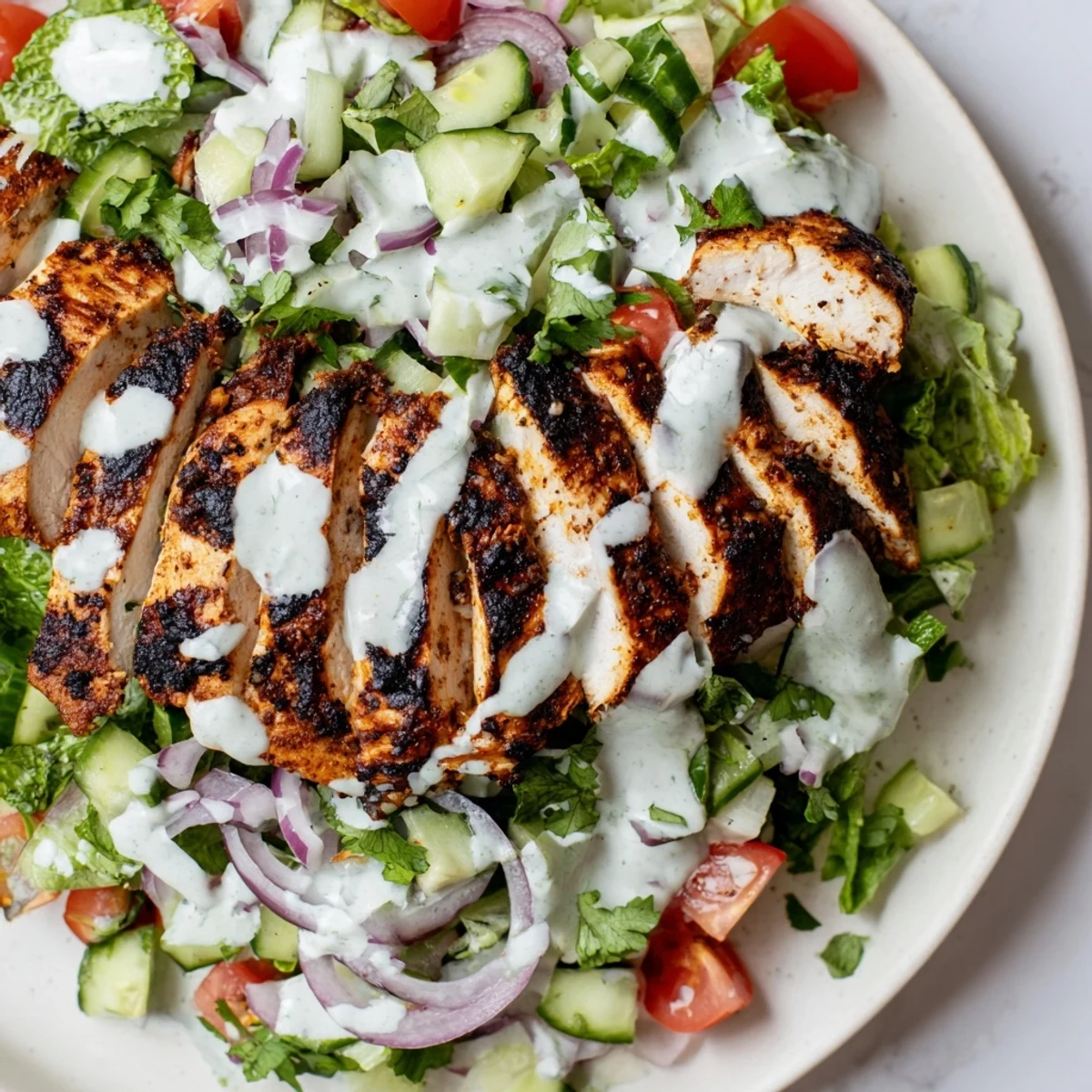 A close-up of vibrant Chicken Shawarma Salad showcasing crisp greens and diced vegetables, topped with golden-brown grilled chicken and a tangy garlic yogurt sauce.