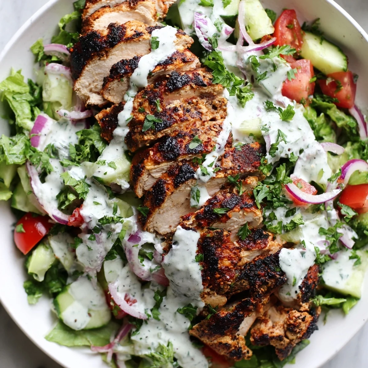 Freshly grilled spiced chicken slices layered over a colorful Chicken Shawarma Salad with cucumbers, tomatoes, and red onion, drizzled with creamy yogurt dressing.