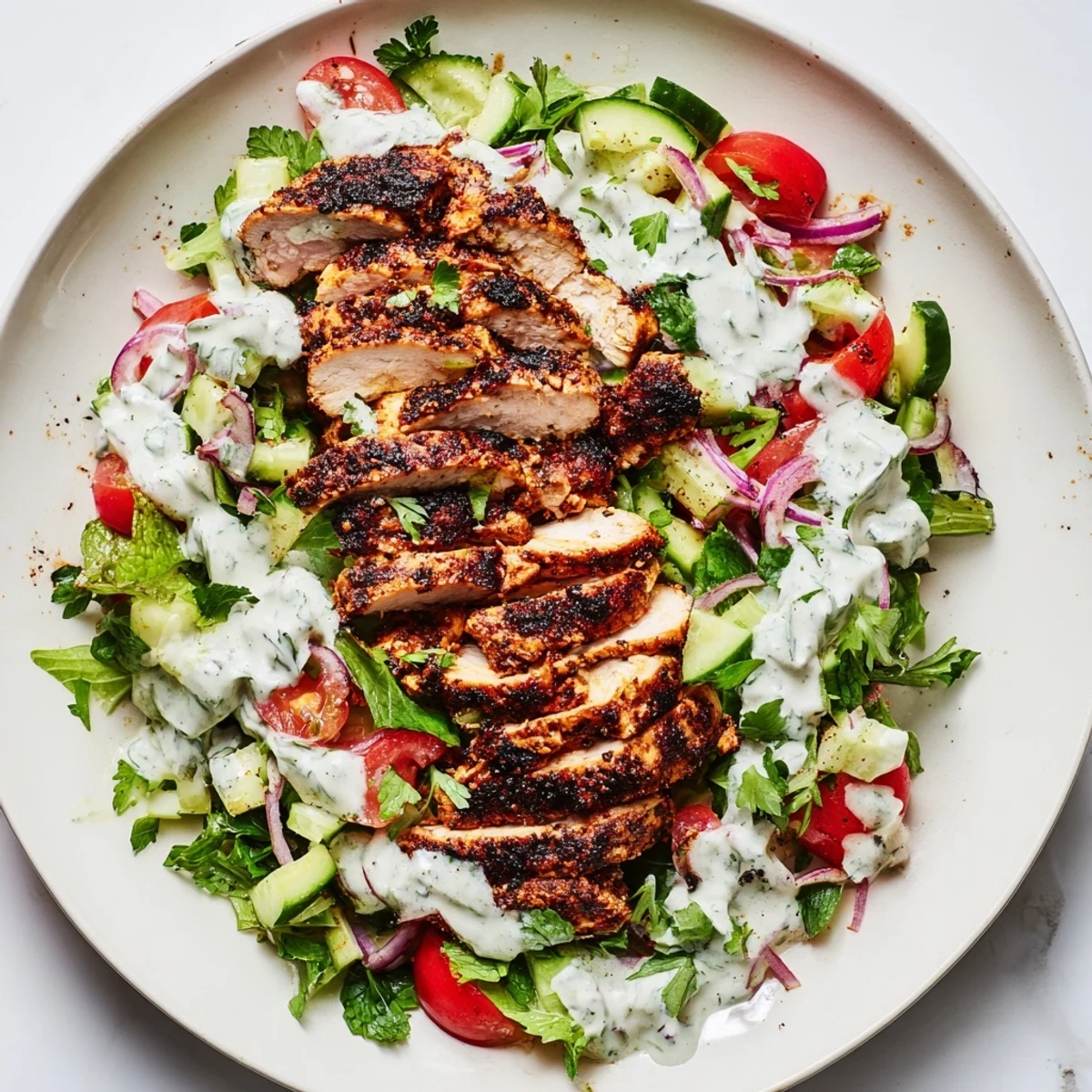 Served Chicken Shawarma Salad in a white bowl, featuring juicy marinated chicken, fresh parsley, and a generous drizzle of homemade cumin-spiced Greek yogurt dressing.