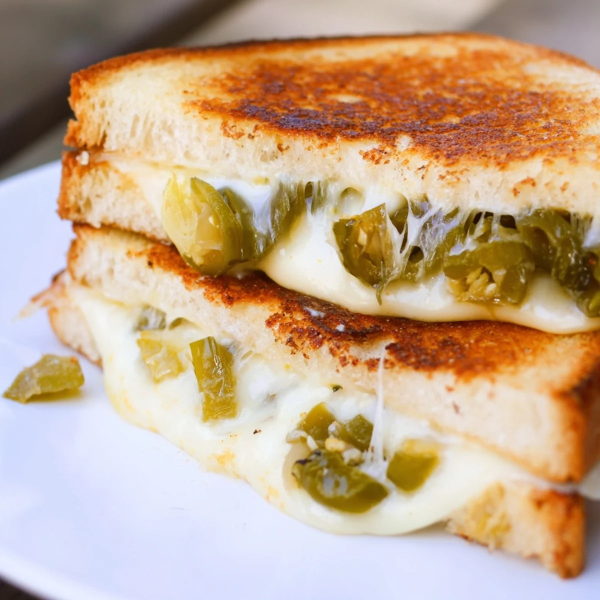 Golden-brown Jalapeño Pepper Jack Grilled Cheese oozing melted cheese on a plate.