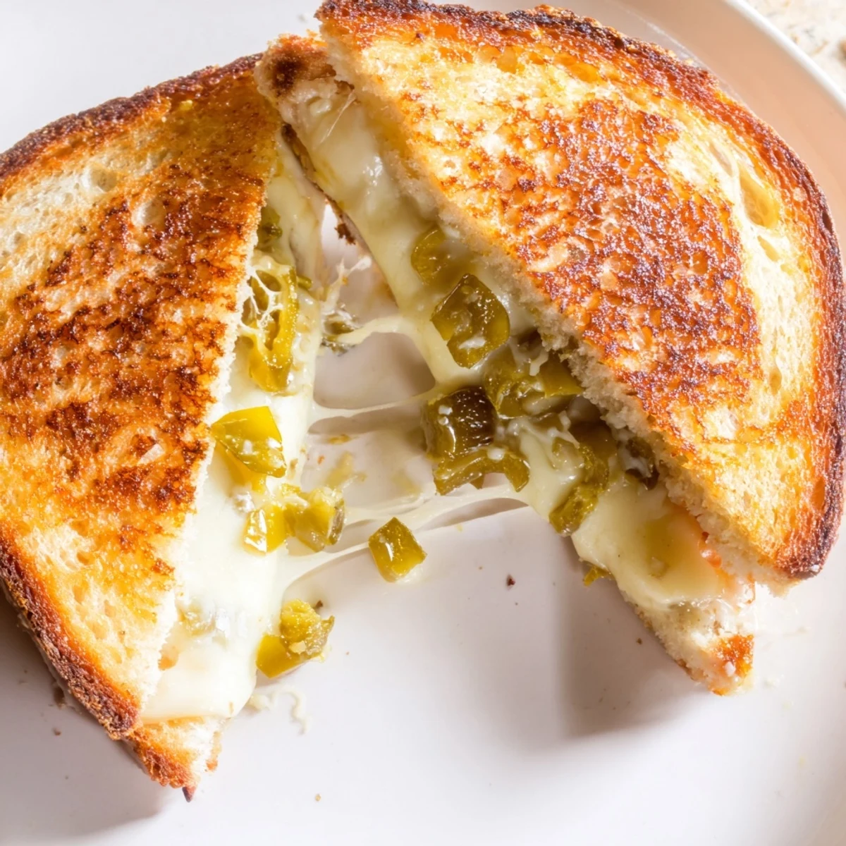 Gooey Jalapeño Pepper Jack Grilled Cheese cut in half, paired with tomato soup.