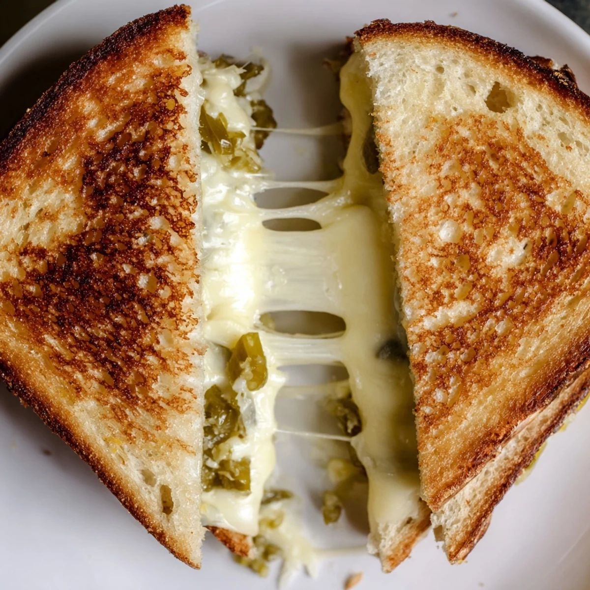 Thick sourdough slices with pepper jack and pickled jalapeños, ready to serve.