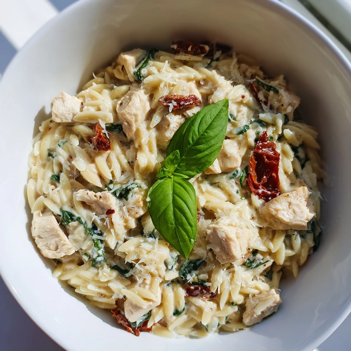 Creamy Tuscan Chicken Orzo with tender chicken, sun-dried tomatoes, and wilted spinach, served steaming hot in a rustic skillet.