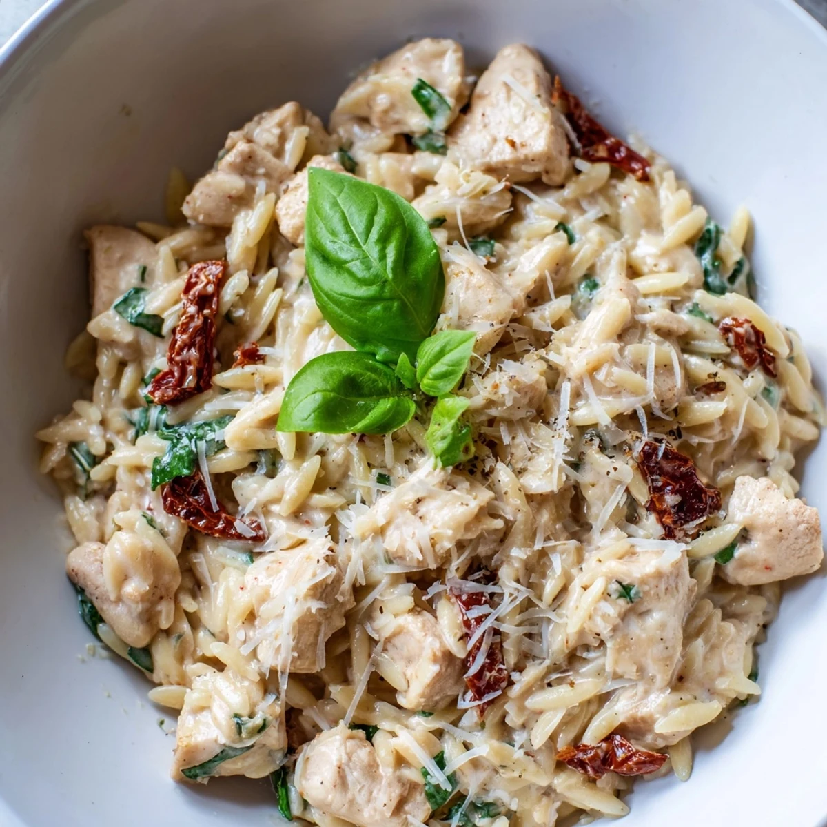 Golden, cheesy Tuscan Chicken Orzo in a deep pan, garnished with fresh basil and a spoon ready to serve.