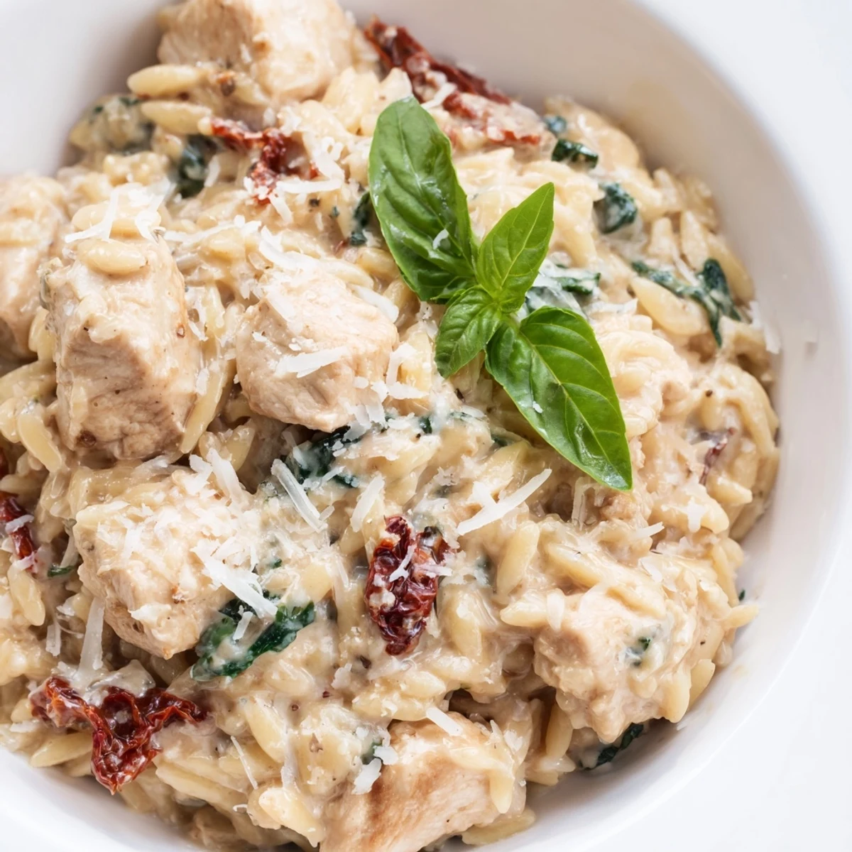 Sizzling Tuscan Chicken Orzo with garlic, creamy sauce, and spinach, plated for a comforting family-style Italian-inspired dinner.