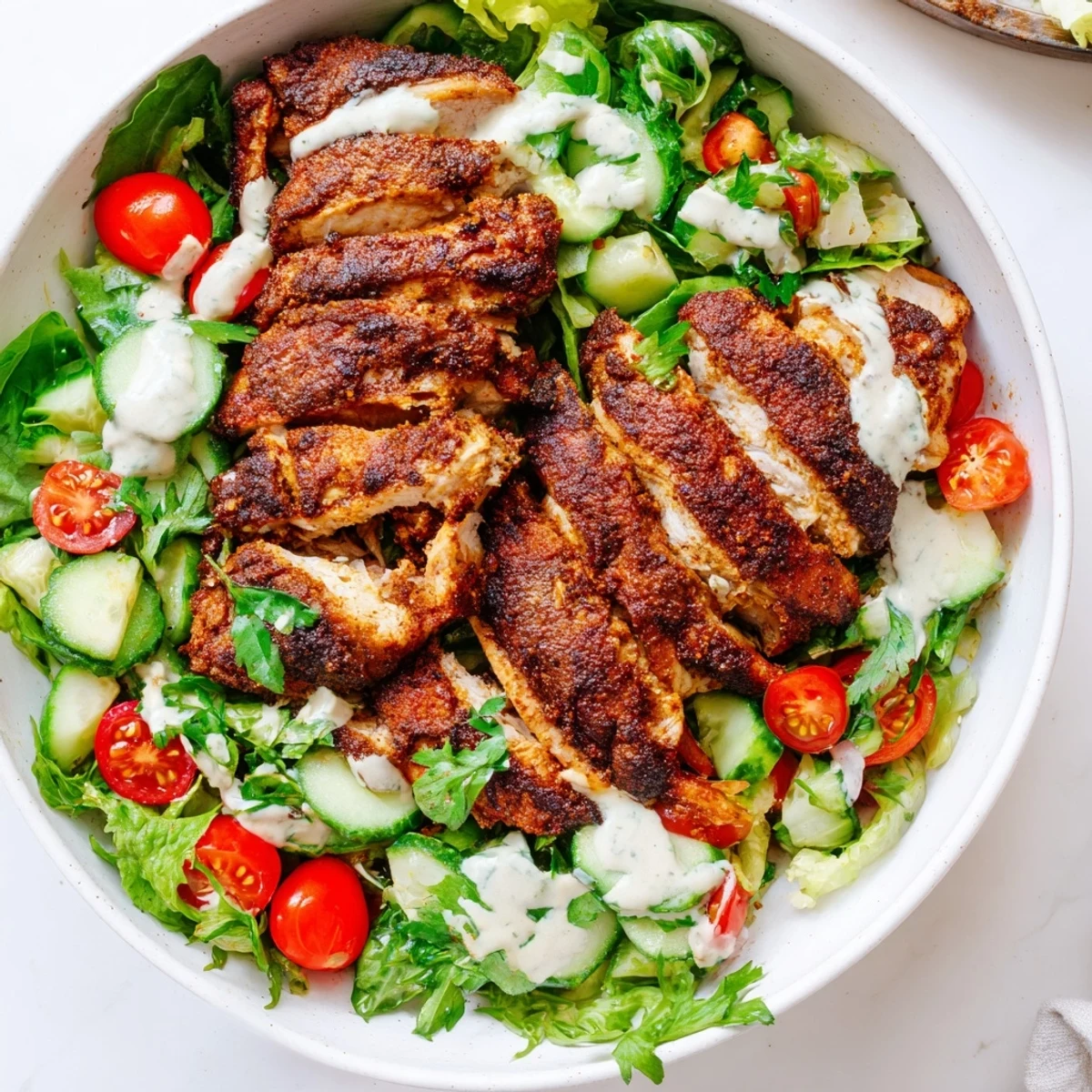 Colorful Chicken Shawarma Salad Bowl with spiced chicken slices on a bed of crisp greens, cherry tomatoes, diced cucumbers, and a creamy garlic sauce.