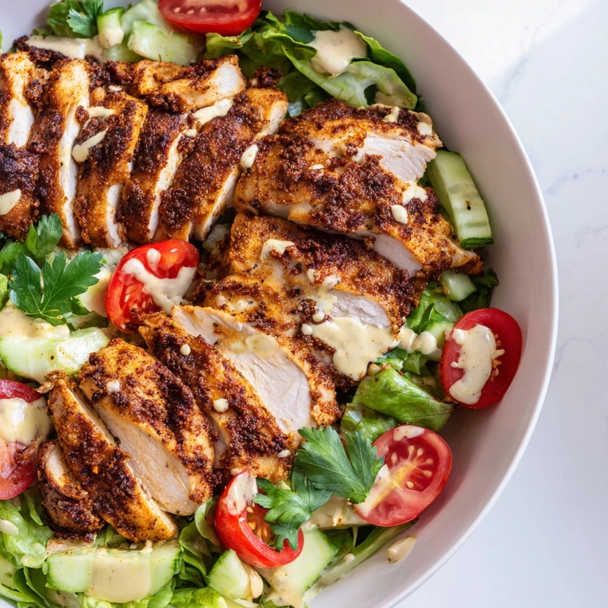 A hearty Chicken Shawarma Salad Bowl featuring juicy spiced chicken atop fresh vegetables, finished with a vibrant Middle Eastern-inspired garlic sauce for a healthy lunch.