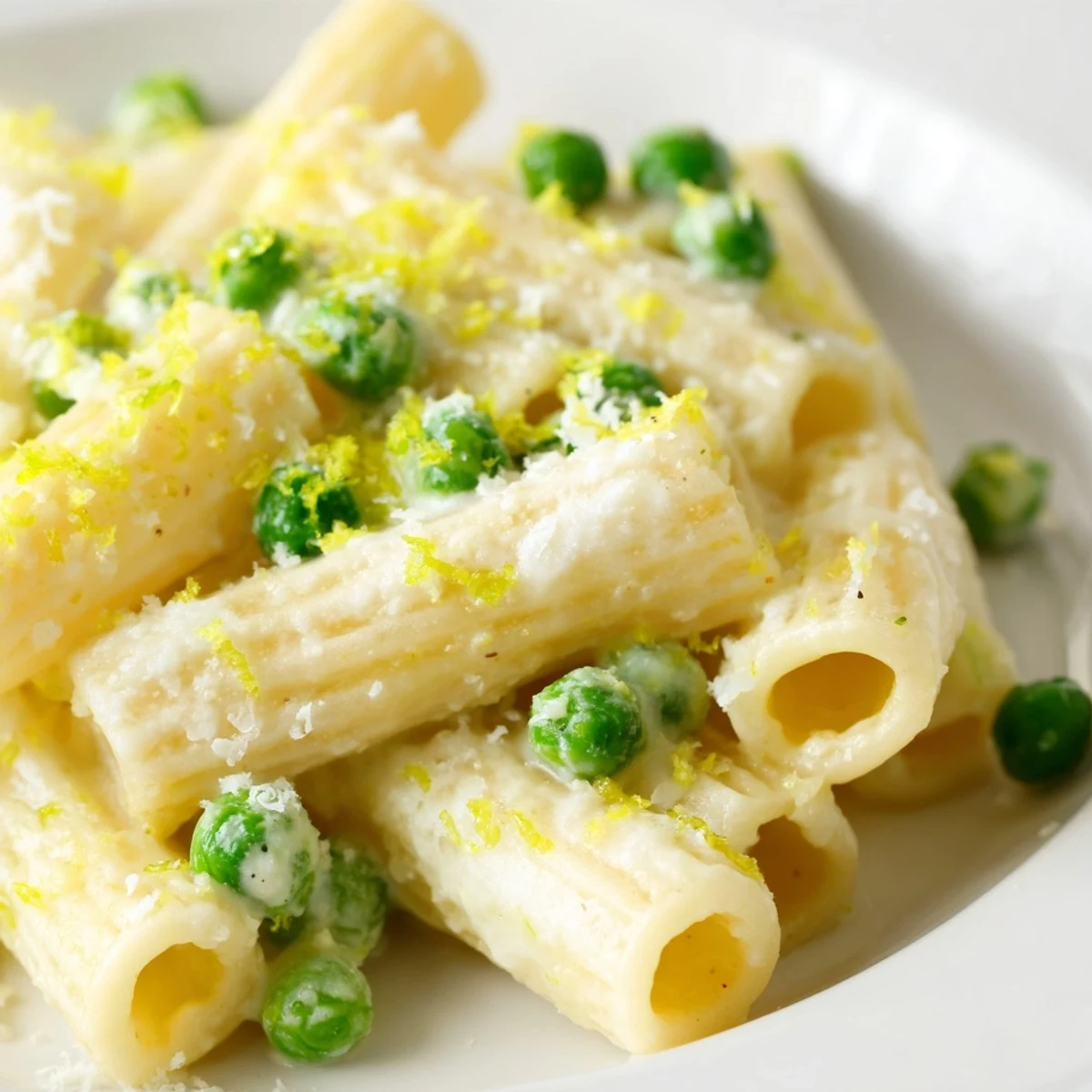 In a rustic kitchen setting, a fork lifts a bite of Pea & Lemon Ricotta Pasta, showing the silky ricotta-lemon sauce and sweet peas against the al dente pasta.
