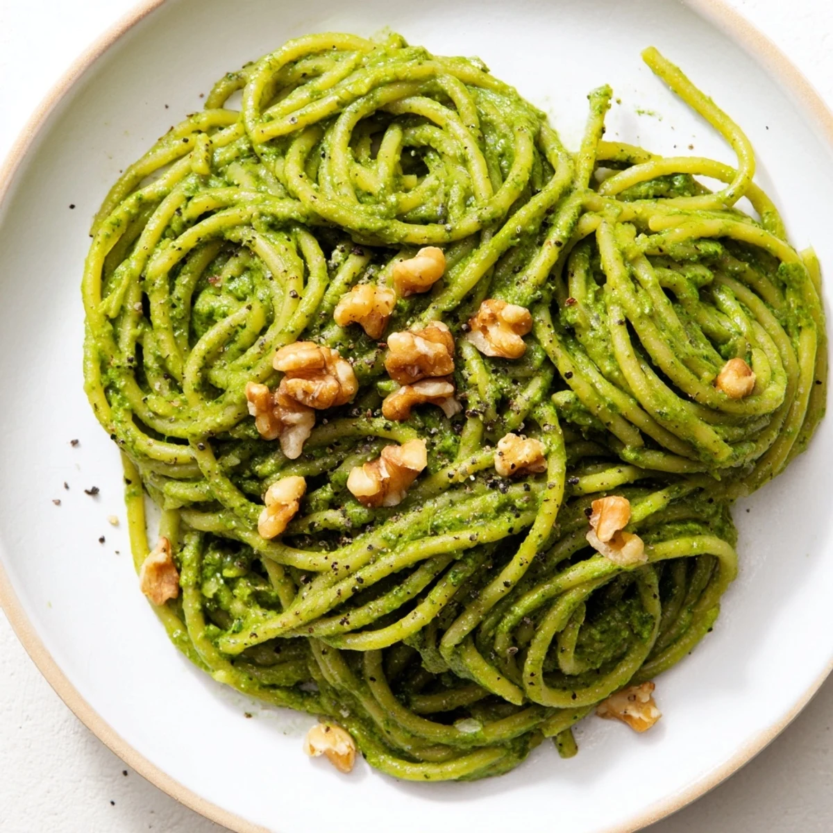 A close-up of Creamy Spinach Walnut Pasta twirled on a fork, highlighting the velvety texture and fresh spinach leaves.