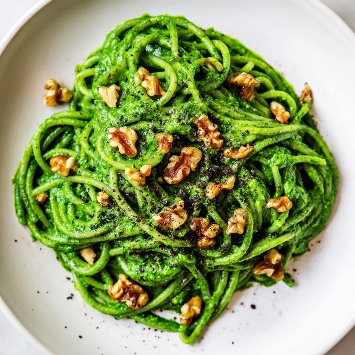 Creamy Spinach Walnut Pasta served in a white bowl, showcasing the vibrant green sauce and toasted walnut garnish.