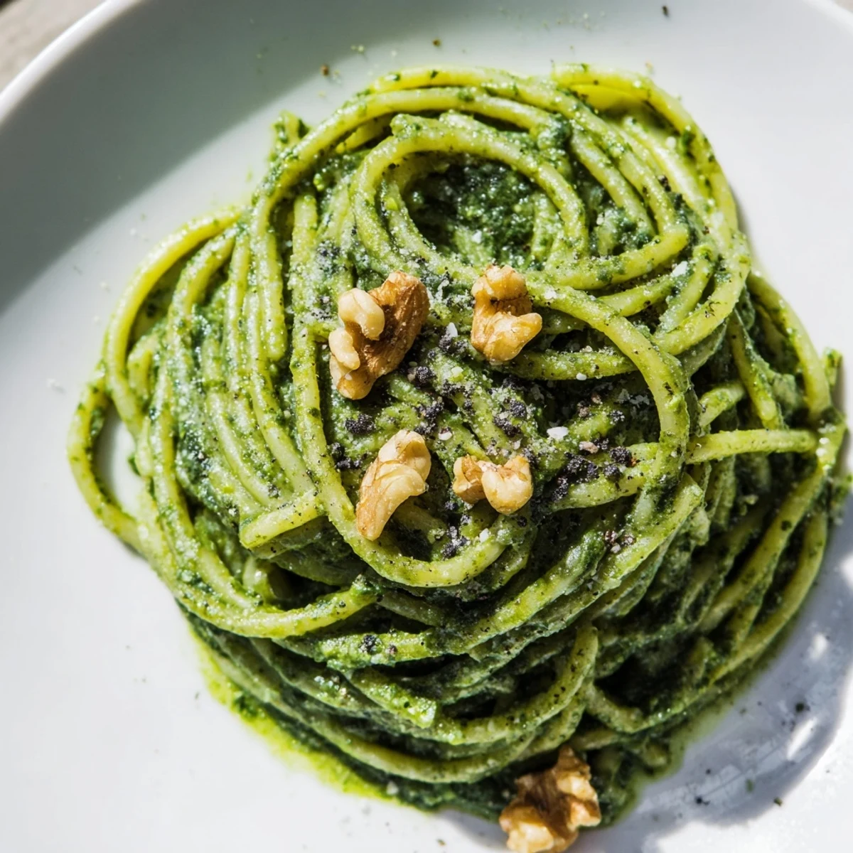 Steaming Creamy Spinach Walnut Pasta plated with lemon zest and cracked pepper, ideal for a cozy weeknight dinner.
