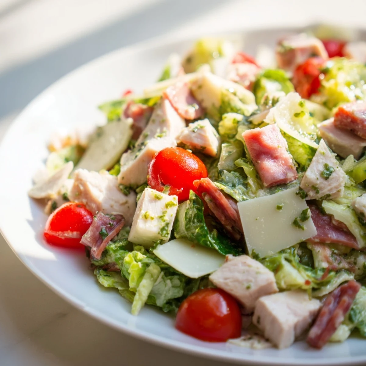A fresh bowl of Italian Deli Chopped Chicken Salad with juicy chicken, crisp salami, and provolone cheese.  