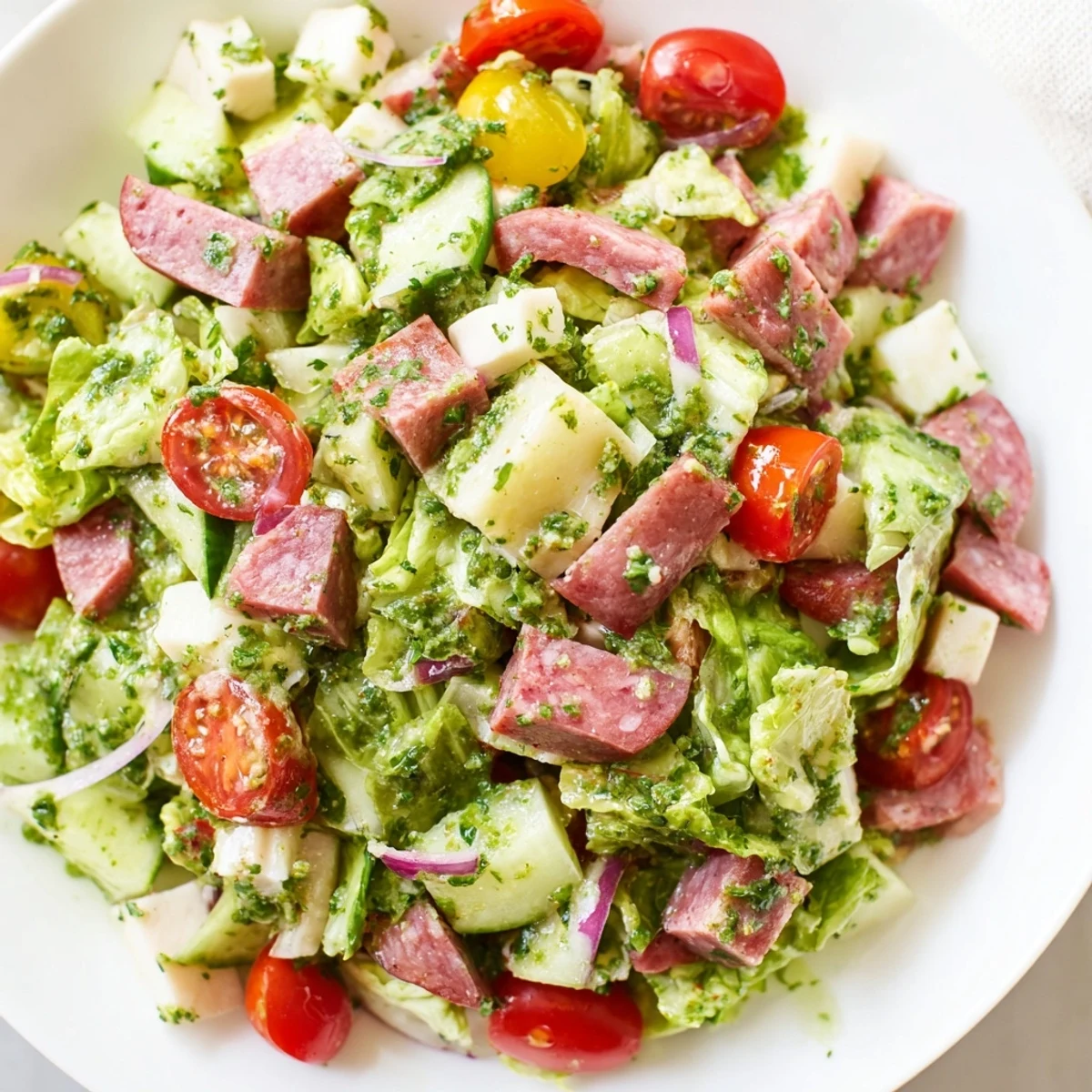 Vibrant Italian Deli Chopped Chicken Salad featuring pepperoncini, cherry tomatoes, and a tangy herb dressing.  