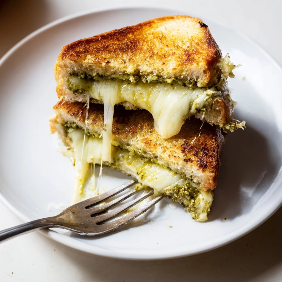 Golden-brown Sourdough Pesto Grilled Cheese sandwiches rest on a rustic board, showcasing perfectly melted cheese oozing from the crispy, buttery edges.