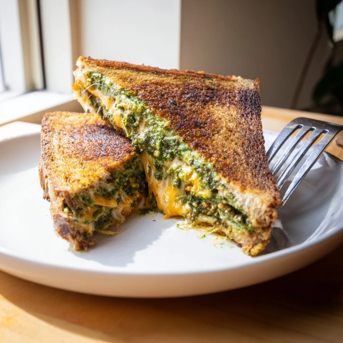 Fresh basil leaves garnish the plate, accompanying a hot Sourdough Pesto Grilled Cheese for a vibrant, Italian-inspired lunch.