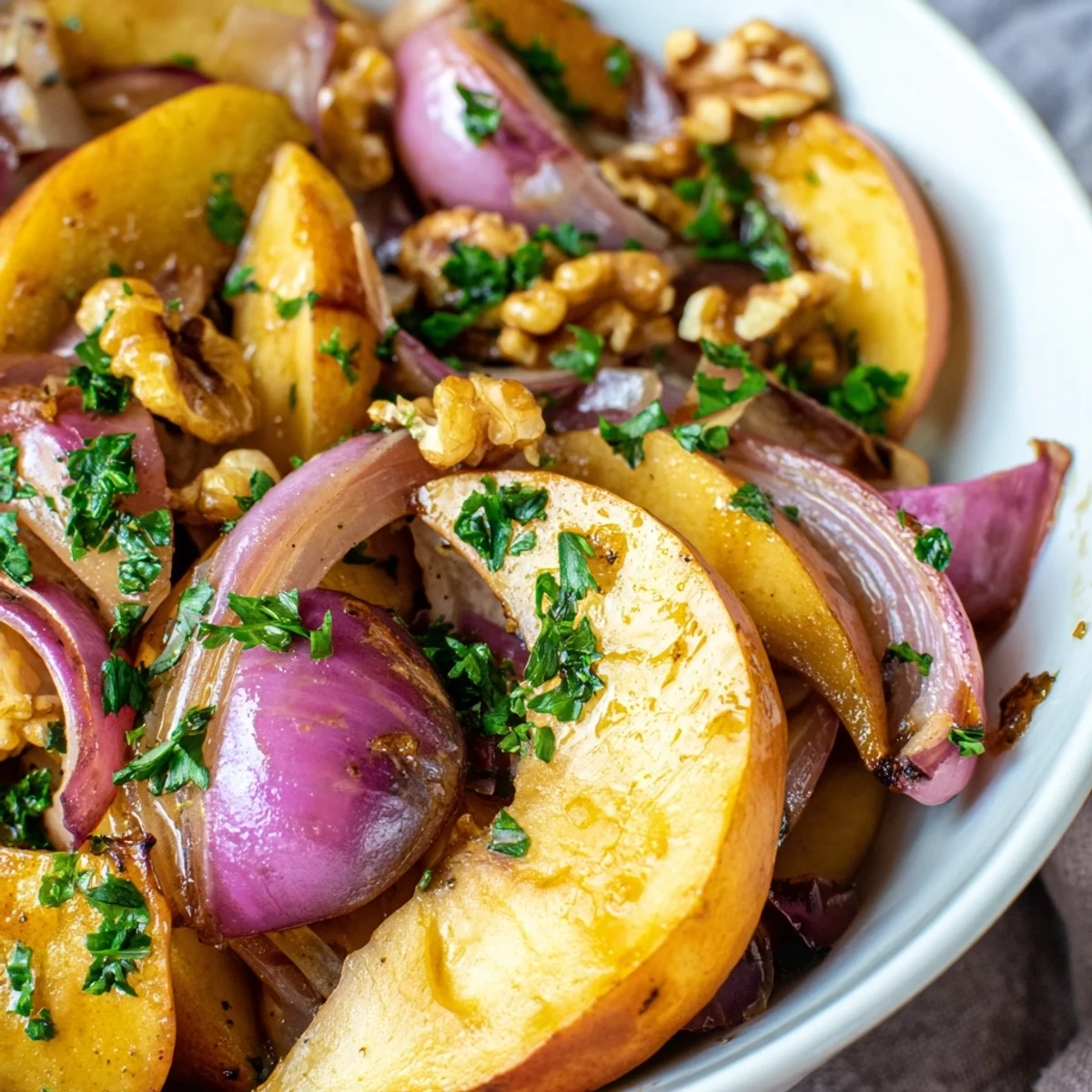 Warm Apple and Sauerkraut Skillet Salad with caramelized apples and onions glistening in the pan.  