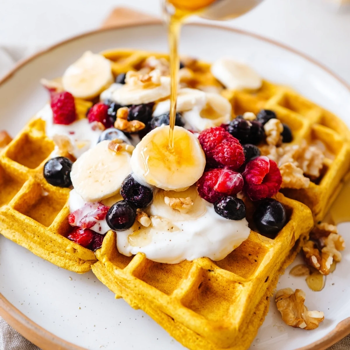 A close-up of golden Anti-Inflammatory Adaptogenic Turmeric Waffles sprinkled with nuts and seeds, ready to enjoy.