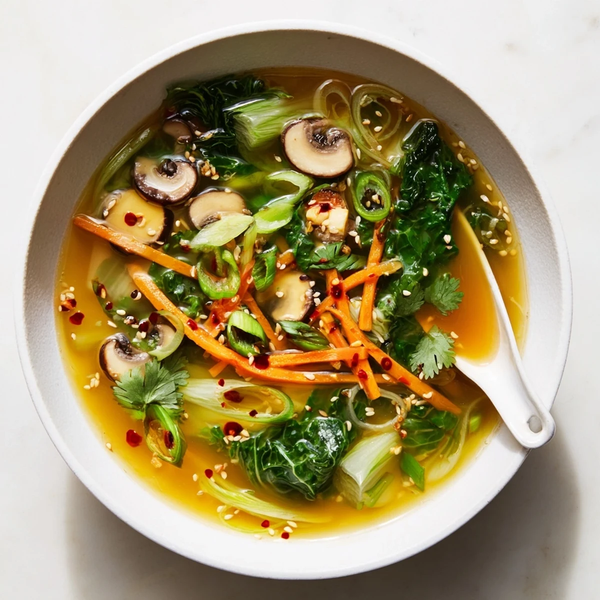 Steaming bowl of Ginger-Miso Winter Soup with tender napa cabbage and shiitake mushrooms.  