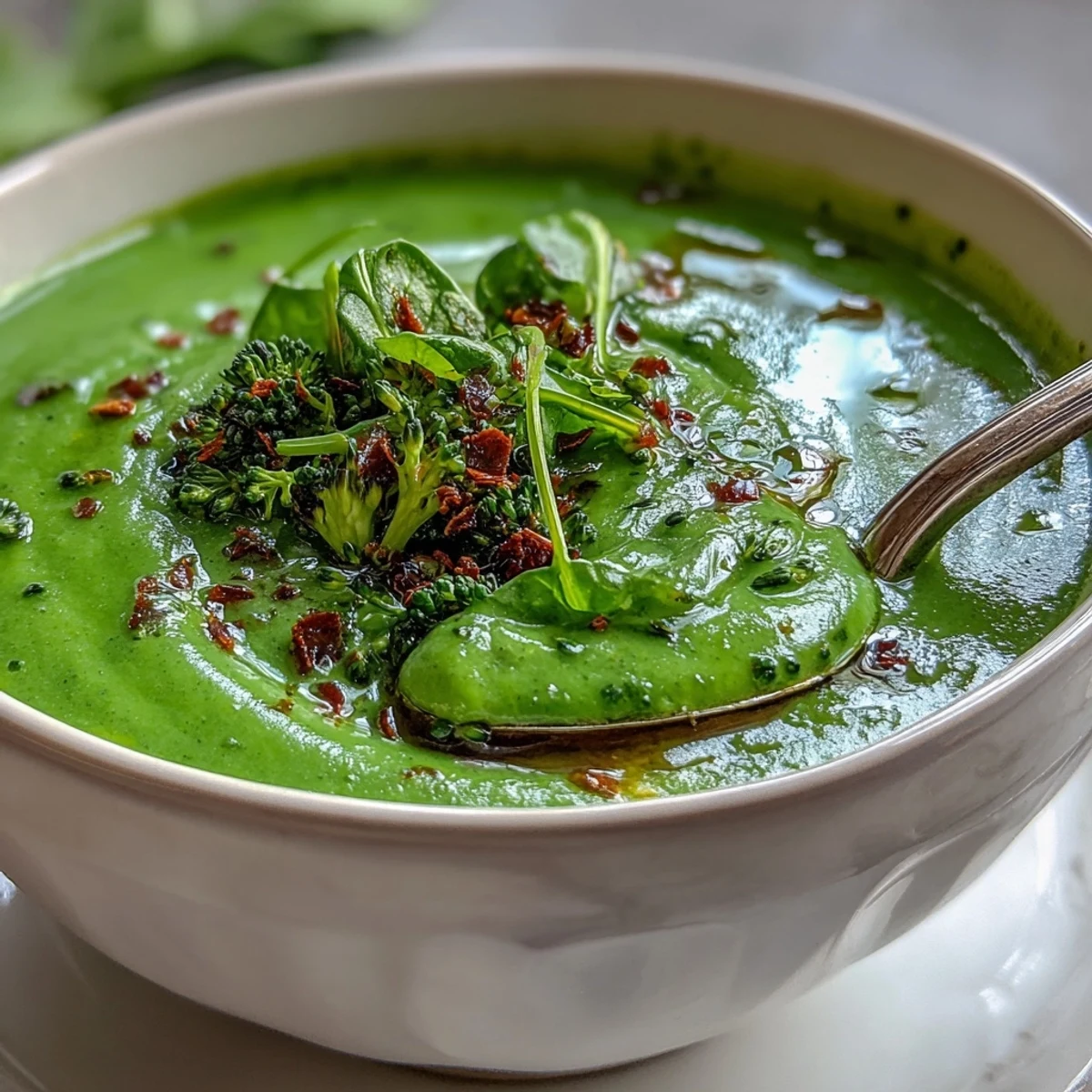 Enjoy this smooth Big Green Immunity-Boosting Vegetable Soup, ideal for a healthy lunch.