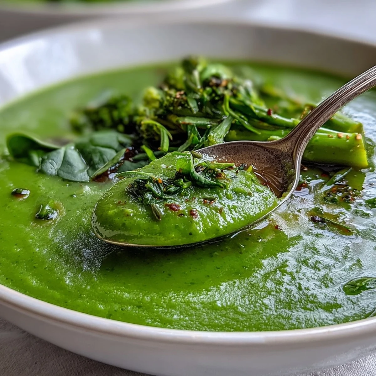 Bowl of nourishing Big Green Immunity-Boosting Vegetable Soup, garnished beautifully with a swirl.