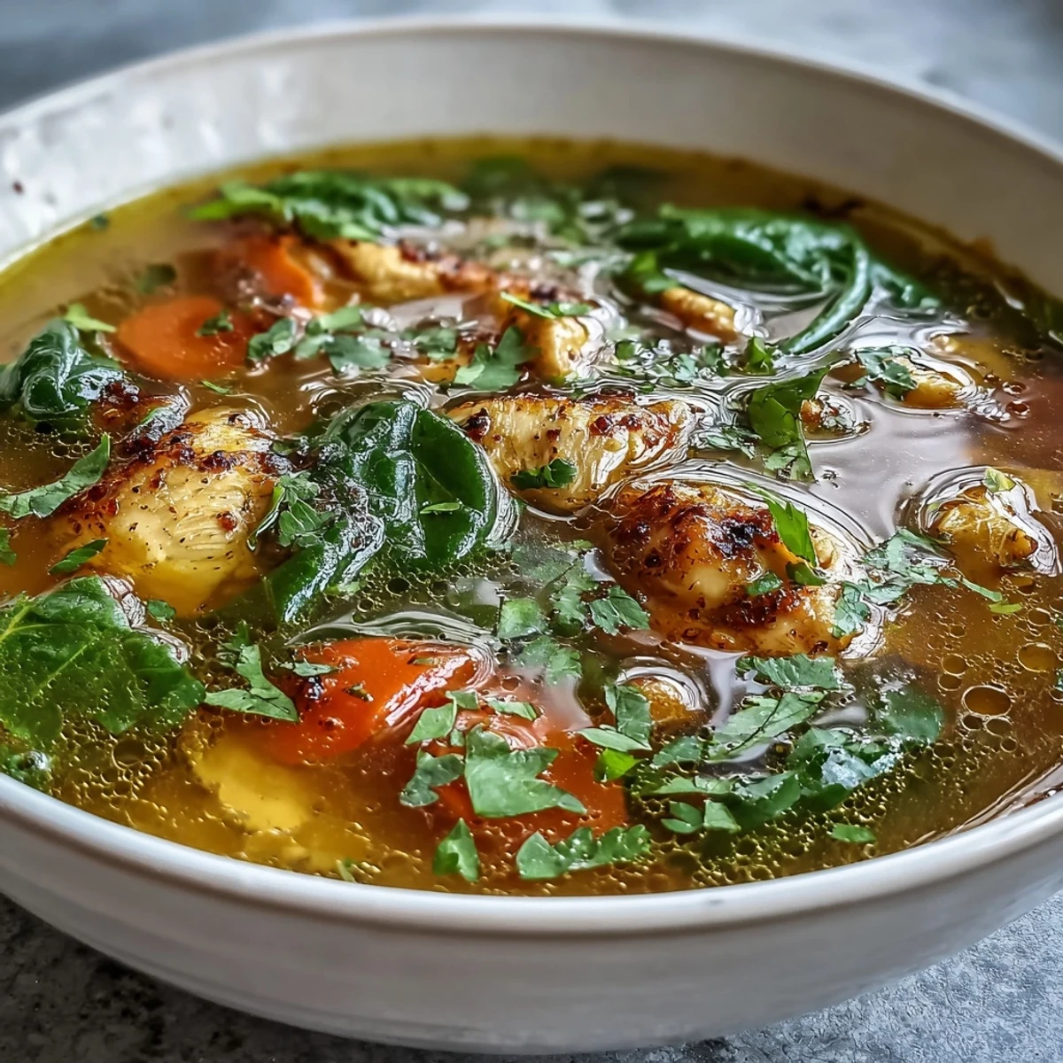 Golden turmeric chicken soup steaming in a cozy bowl, comfort food.