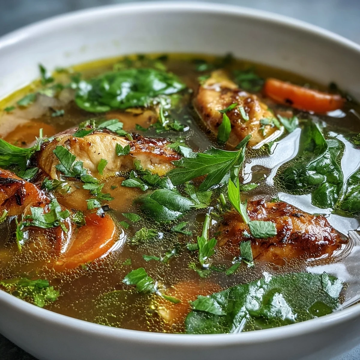 Nourishing, bright turmeric chicken soup with fresh herbs, a healthy bowl.