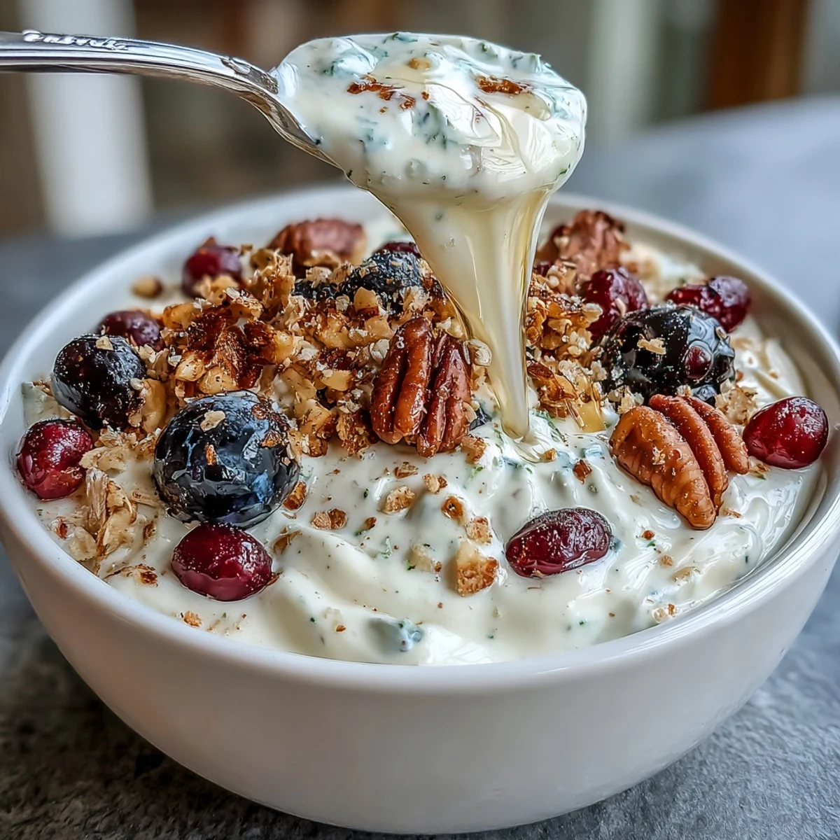 A close-up of the Yogurt Bowl with Winter Berries and Spiced Crunch, featuring creamy yogurt topped with vibrant berries and a golden, oat-based topping. 