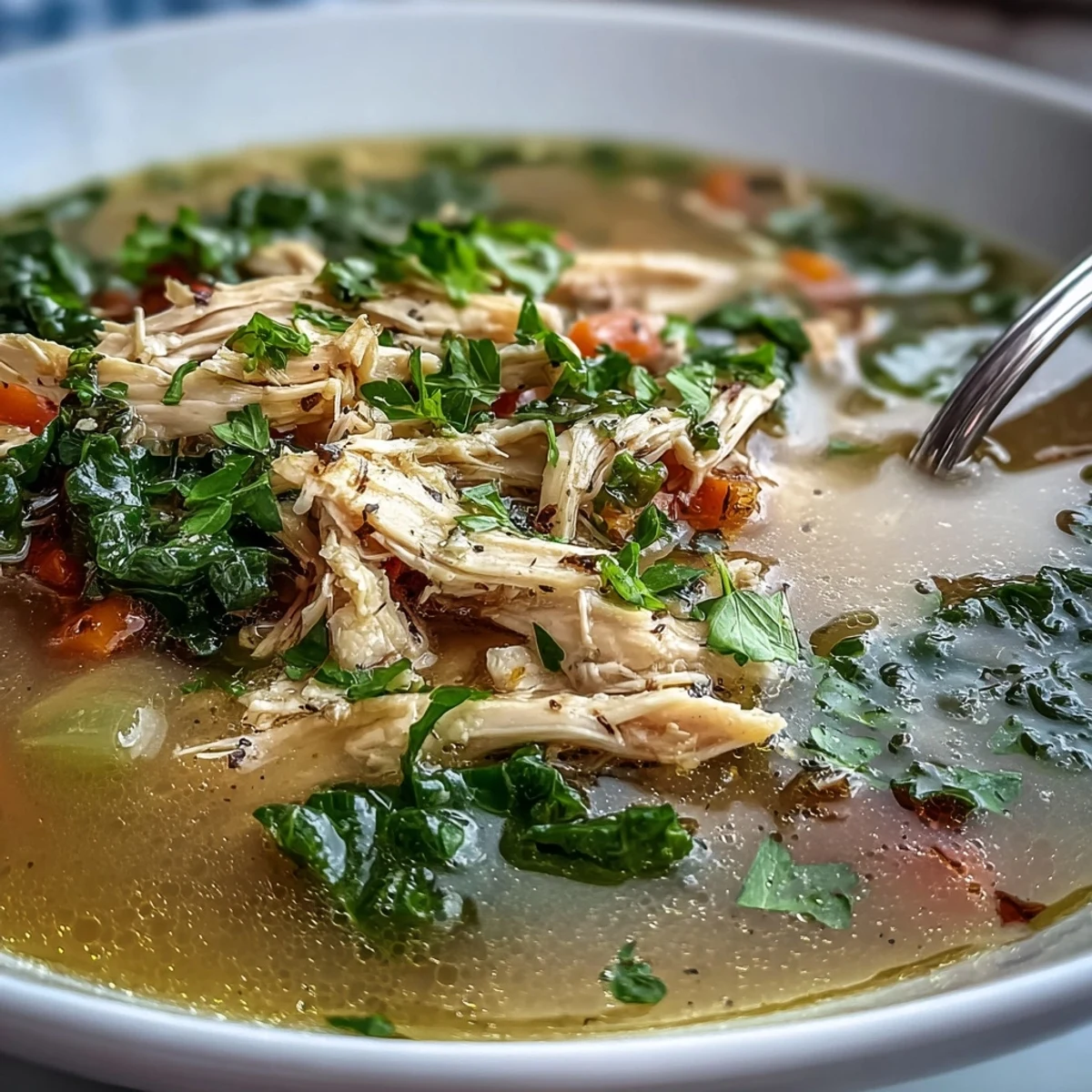 Steam rises from a bowl of High Protein Lemon and Turmeric Chicken Soup, featuring tender chicken and bright baby kale.