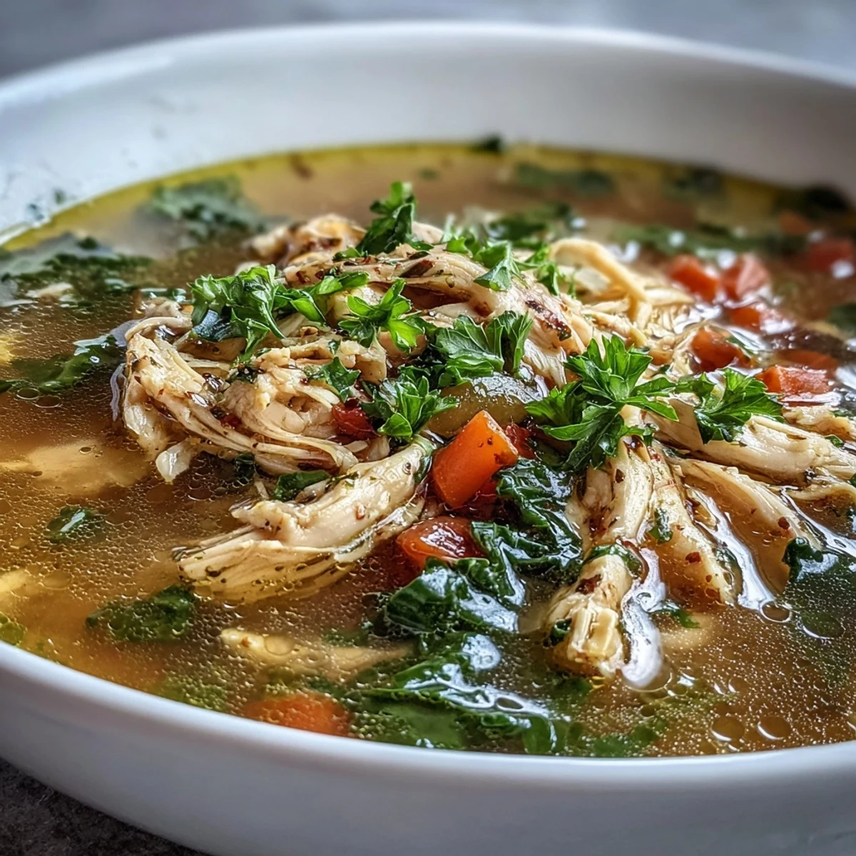A ladle scoops up vibrant High Protein Lemon and Turmeric Chicken Soup with golden turmeric broth and fresh lemon wedges.