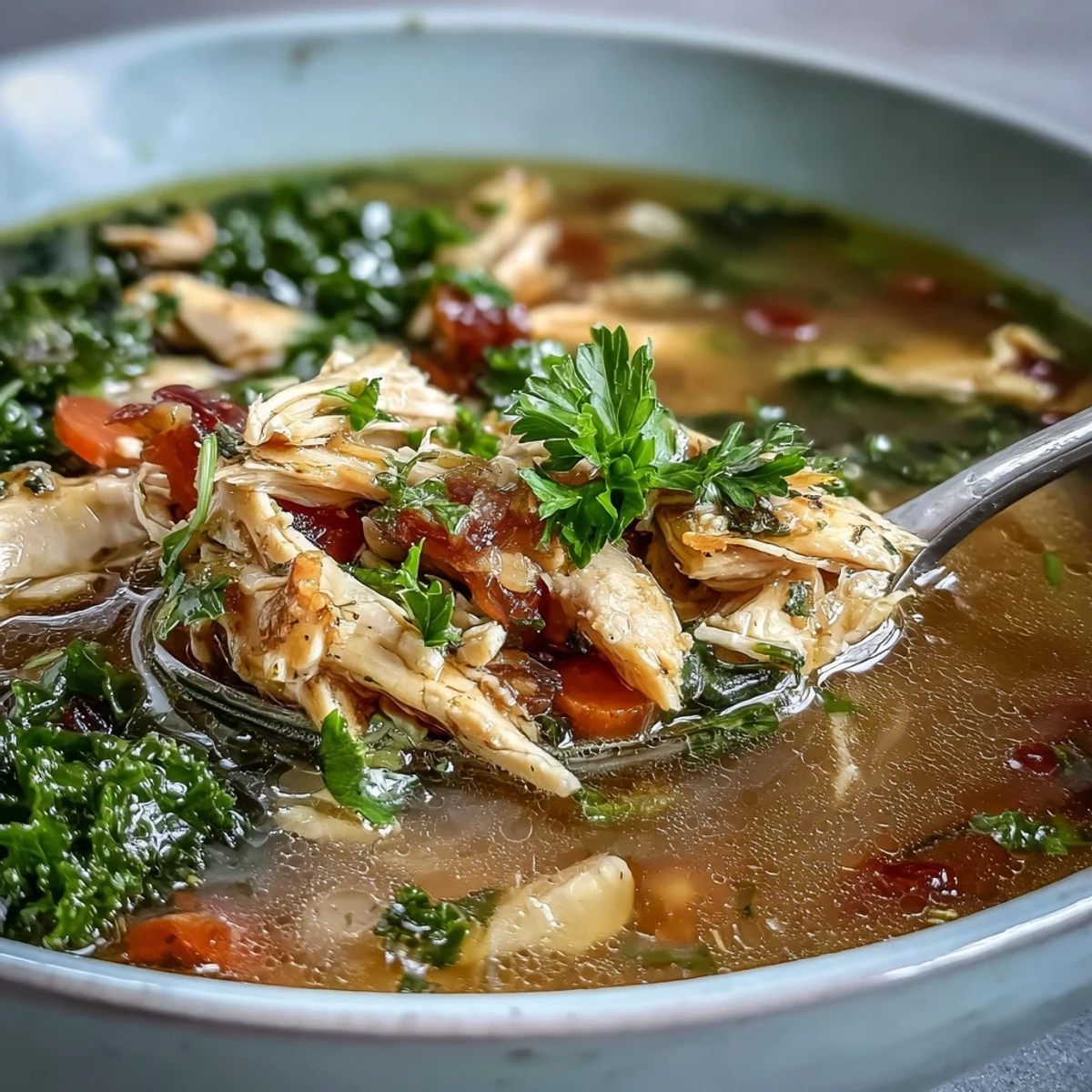 Healthy High Protein Lemon and Turmeric Chicken Soup is served hot, garnished with parsley and ready for a comforting meal.