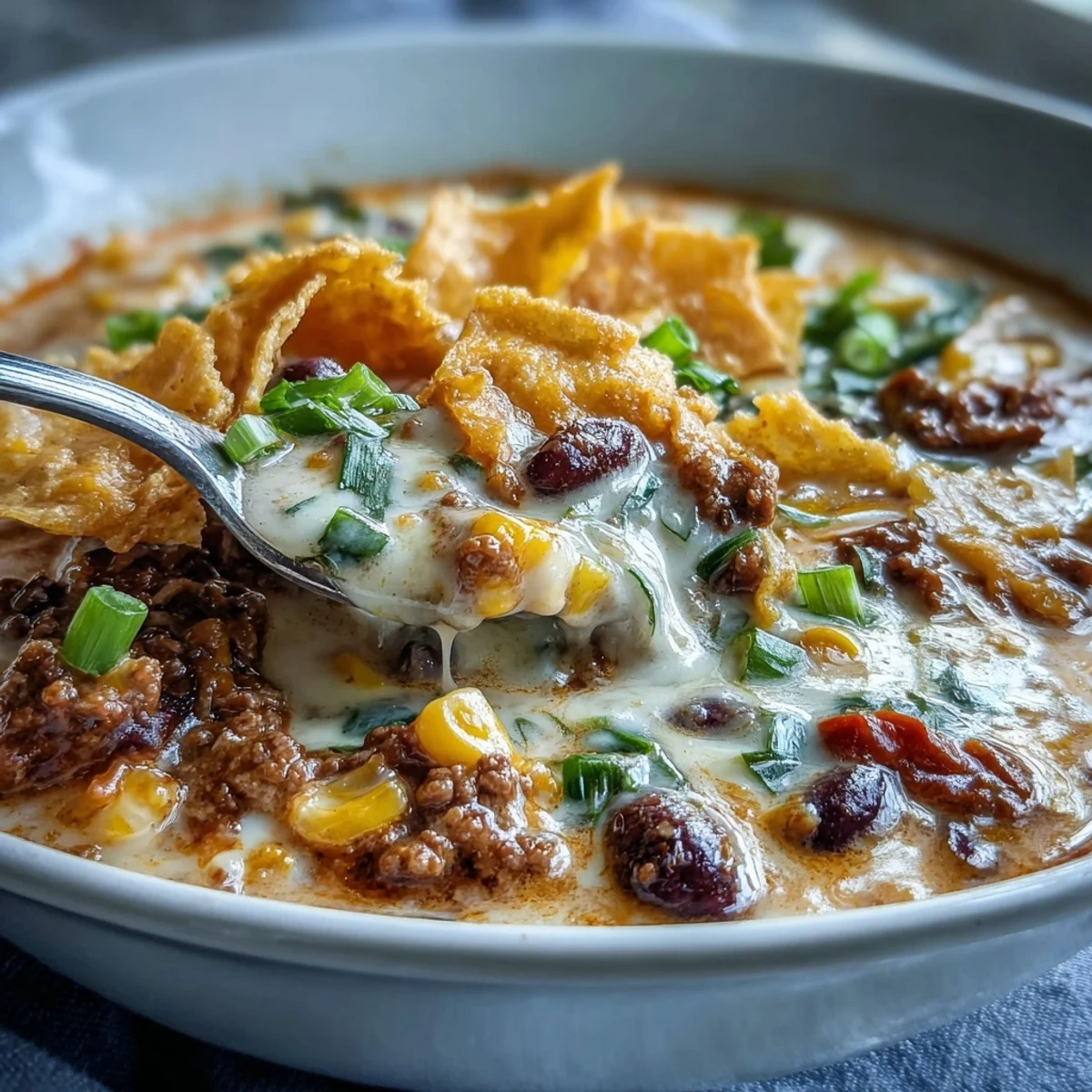 Hearty bowl of Creamy Taco Soup with shredded cheddar, a swirl of sour cream, and crushed tortilla chips.